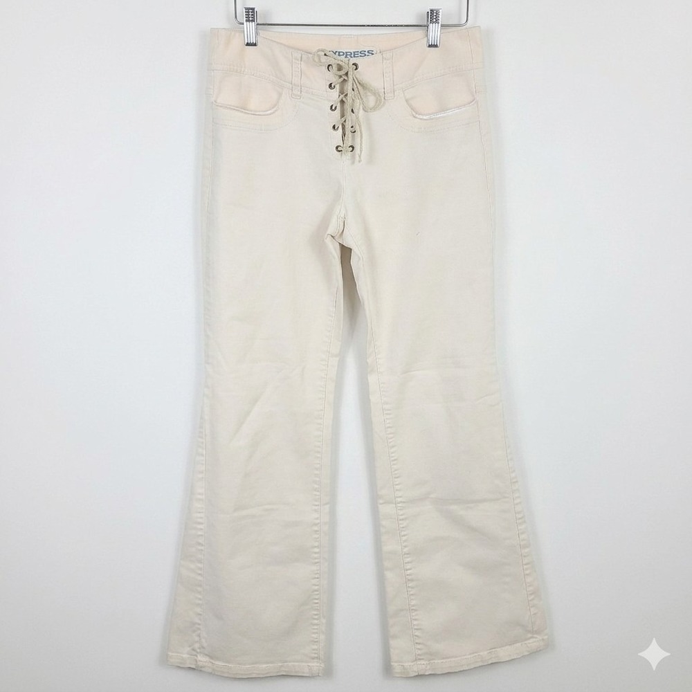 EXPRESS Lace Up Front Flare Jeans Cream Sz 5/6 100% Cotton Boho Fairycore Y2K